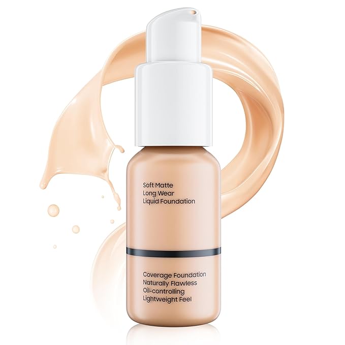 Matte Liquid Foundation Full Coverage - Flawless & Lightweight Oil Control Foundation Makeup, Long-Lasting Waterproof Concealer Cream for All Skin Types, 1 Fl Oz (#102 Nude)