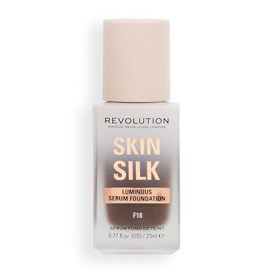 Revolution, Skin Silk Serum Foundation, Light to Medium Coverage, Lightweight & Radiant Finish, Contains Hyaluronic Acid, F18 Deep Skin Tones, 0.77 fl oz