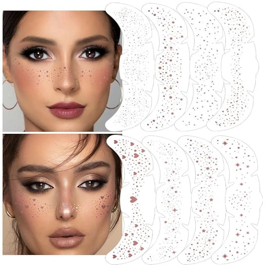 8Ps Face Glitter Speckles Patches, Rose Gold 8 styles Glitter Freckles Face Tattoo,Glow Up Makeup Patches, Cute Glitter Makeup Accessories for Women, Cosmetic Glitter for Face Gift