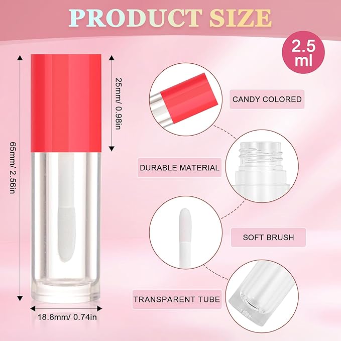 50pcs 2.5ml Empty Lip Gloss Containers Lip Gloss Tubes with Wand Cute 0.08oz Clear Refillable Lipgloss Making Supplies Kit for DIY Makeup + 2pcs Syringes (Red)