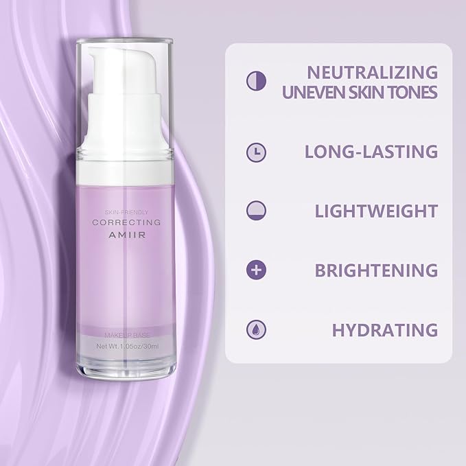 AMIIR Poreless Primer for Face Before Makeup - Smooth Brighten Moisturize Face Primer, Neutralize Tones, Color Correcting Primer, Pore Filler Make Up Primer for Face, Matte Blurring Primer, Purple