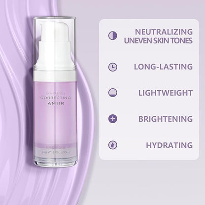 AMIIR Poreless Primer for Face Before Makeup - Smooth Brighten Moisturize Face Primer, Neutralize Tones, Color Correcting Primer, Pore Filler Make Up Primer for Face, Matte Blurring Primer, Purple