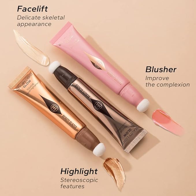 Liquid Contour Highlighter Blush Stick, Smooth Creamy Texture Face Makeup Wand with Sponge Tip, Multi-use Stick Natural Contour Blush Brighten Cheek Cosmetic(Highlighter #01)