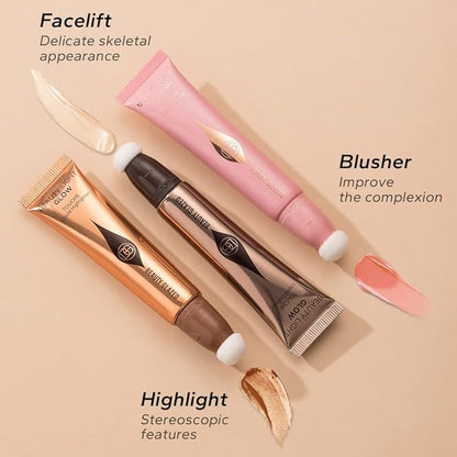 Liquid Contour Highlighter Blush Stick, Smooth Creamy Texture Face Makeup Wand with Sponge Tip, Multi-use Stick Natural Contour Blush Brighten Cheek Cosmetic(Highlighter #01)