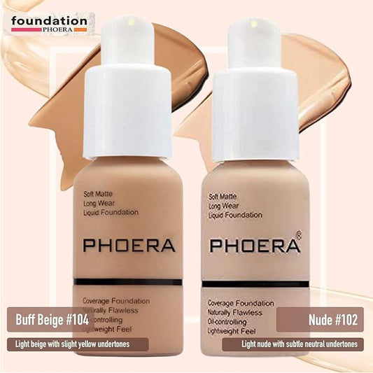 Full Coverage Makeup Set with 2x Foundation (102 Nude & 104 Buff Beige), Face Primer Gel, Cool Beige Powder & Setting Spray - Complete Face Cosmetics Kit for Women