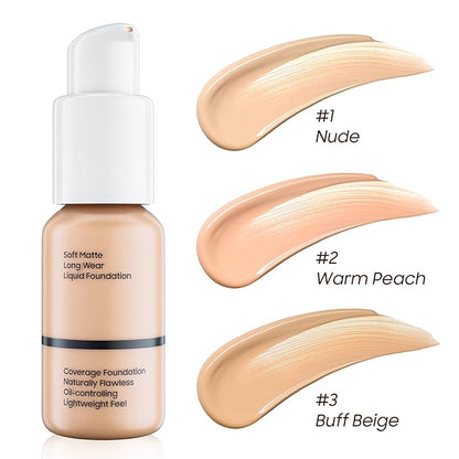 Matte Liquid Foundation Full Coverage - Flawless & Lightweight Oil Control Foundation Makeup, Long-Lasting Waterproof Concealer Cream for All Skin Types, 1 Fl Oz (#104 Buff Beige)