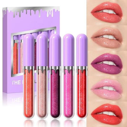 5Pcs Glitter Liquid Lip Gloss Set, Diamond Shimmer Lipstick, Waterproof Shimmer Lip Stain Lip Glaze, High Shine Long Lasting Shiny Lip Color Makeup(Set:Y-02)