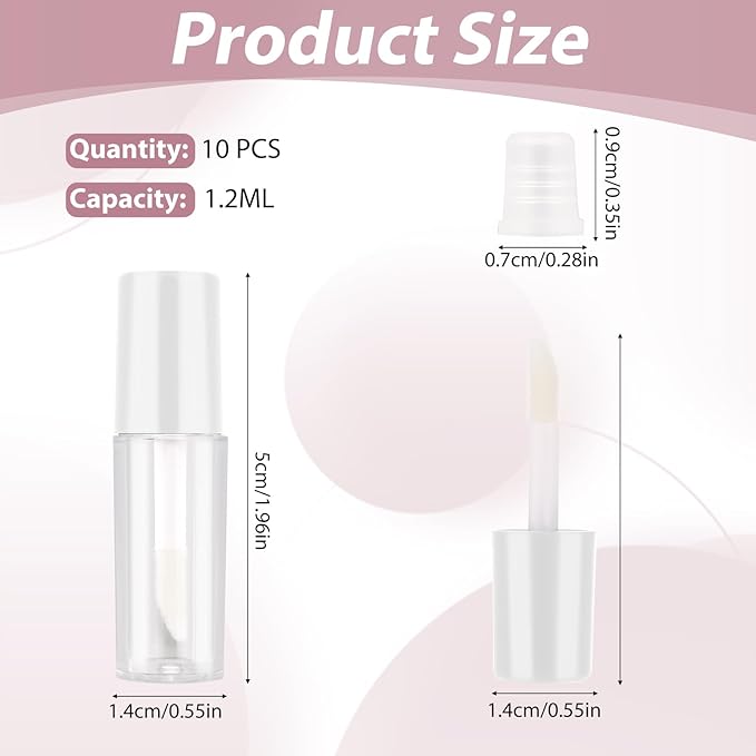 Molain 10pcs Empty Lip Gloss Tubes, 1.2ml Mini Refillable Cosmetic Containers Bottles Lip Balm Bottles for Lipstick Samples, Lip Balms(White tube cap)