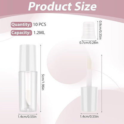 Molain 10pcs Empty Lip Gloss Tubes, 1.2ml Mini Refillable Cosmetic Containers Bottles Lip Balm Bottles for Lipstick Samples, Lip Balms(White tube cap)