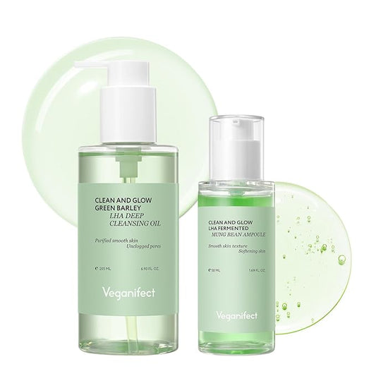 Cleanse & Glow Duo, LHA Deep Cleansing Oil & Mung Bean Serum, Makeup, Blackhead and Whitehead Remover with Gentle Exfoliation, Korean Skin Care