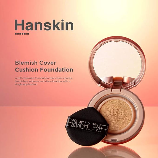 Hanskin Blemish Cover Conceal Cushion, Full Coverage Semi Matte Cushion Foundation Case SPF 50 +, Lightweight Flawless Corrects Redness [No. 21 Cream/Semi Matte / 0.38 oz x 2 Refills]