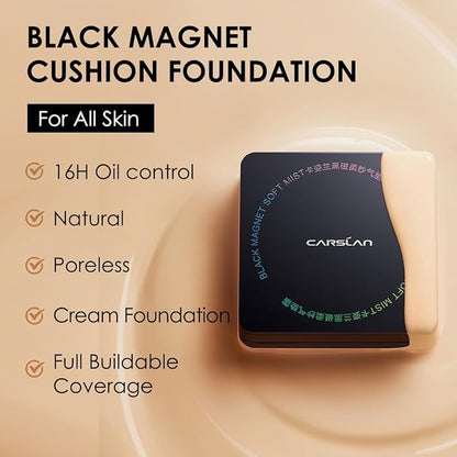 Black Magnet Cushion Foundation - Full Buildable Coverage, Moisturizing, Lightweight, 16H Long-Lasting Glow Looking, Refill Included, 02.Ivory White