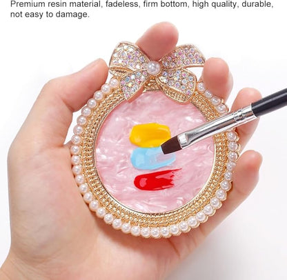Resin Nail Art Palette, Nail Art Painting Mixed Color Palette, Bow Decorated with Rhinestones and Pearls Nail Art Display Board (Silver)