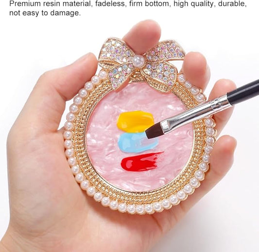Resin Nail Art Palette, Nail Art Painting Mixed Color Palette, Bow Decorated with Rhinestones and Pearls Nail Art Display Board (Golden)