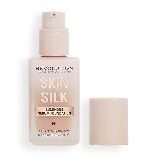Revolution, Skin Silk Serum Foundation, Light to Medium Coverage, Lightweight & Radiant Finish, Contains Hyaluronic Acid, F9 Medium Skin Tones, 0.77 fl oz
