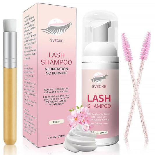 Lash Shampoo Kit for Eyelash Extension, Eyelash Shampoo 2 fl.oz / 60ml, Eyelash Extension Cleanser, Lash Eyelid Foam Cleaning Kit for Salon Use and Home Use (Peach)