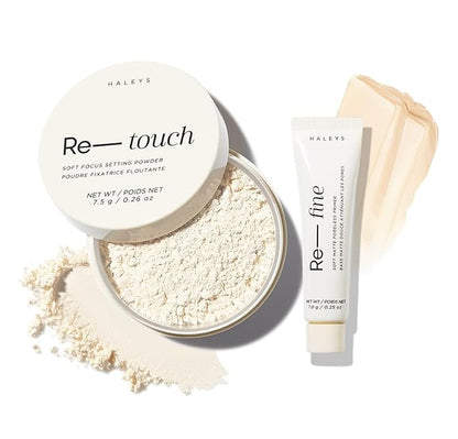 HALEYS IG Filter Duo (FAIR): Re-touch Setting Powder & Re-fine Soft Matte Poreless Primer, Skin Perfecting, Longwear, Smooths, Nourishes, Ultra-Blurring, No flashback, All Skin Types + Tones, Vegan