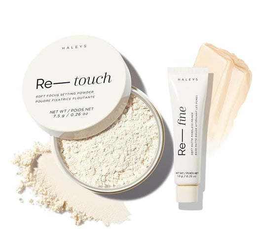 HALEYS IG Filter Duo (FAIR): Re-touch Setting Powder & Re-fine Soft Matte Poreless Primer, Skin Perfecting, Longwear, Smooths, Nourishes, Ultra-Blurring, No flashback, All Skin Types + Tones, Vegan