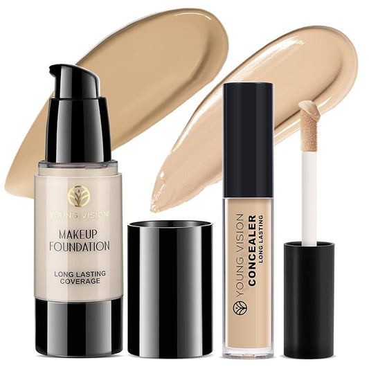 YOUNG VISION Full Coverage Liquid Foundation and Concealer Duo – Long-Wear, Lightweight, Non-Comedogenic, Hydrating, Oil-Free, Waterproof, Skin-Like Finish for All Skin Types