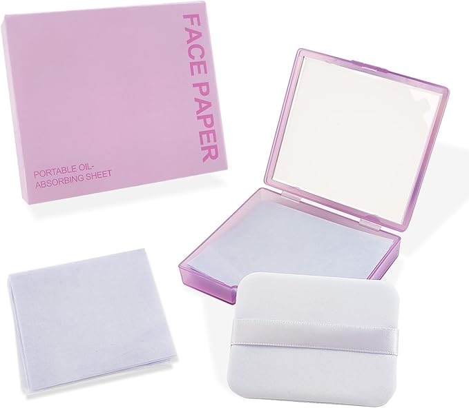 BOROLA 3-in-1 Oil Blotting Paper Set for Face 100 Sheets Oil Absorbing Sheets with Portable Mirror & Adhesive Makeup Puff, Blotting Papers for Oily Skin, Design for Men & Women(Purple)