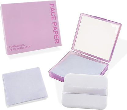 BOROLA 3-in-1 Oil Blotting Paper Set for Face 100 Sheets Oil Absorbing Sheets with Portable Mirror & Adhesive Makeup Puff, Blotting Papers for Oily Skin, Design for Men & Women(Purple)