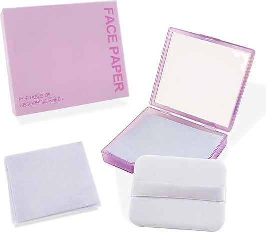 BOROLA 3-in-1 Oil Blotting Paper Set for Face 100 Sheets Oil Absorbing Sheets with Portable Mirror & Adhesive Makeup Puff, Blotting Papers for Oily Skin, Design for Men & Women(Purple)