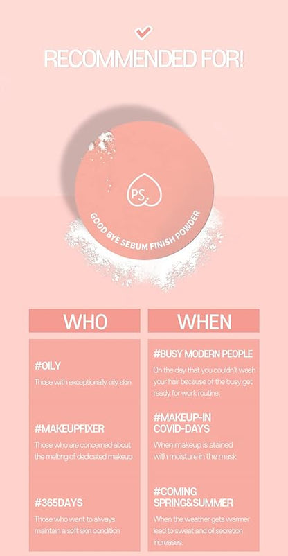 Goodbye Sebum Control Finish Powder 5g – Lightweight Oil-Absorbing Face & Hairline Powder for Long-Lasting Soft Matte Finish (Peach)