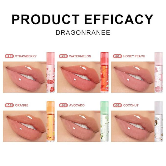 6 Pcs Fruit Roll-on Lip Gloss Set, Clear Lip Gloss Crystal Jelly Liquid Lipstick, Plumping Lip Oil Moisturizing Hydrating Non-Sticky, Nice Gift for Women Girl