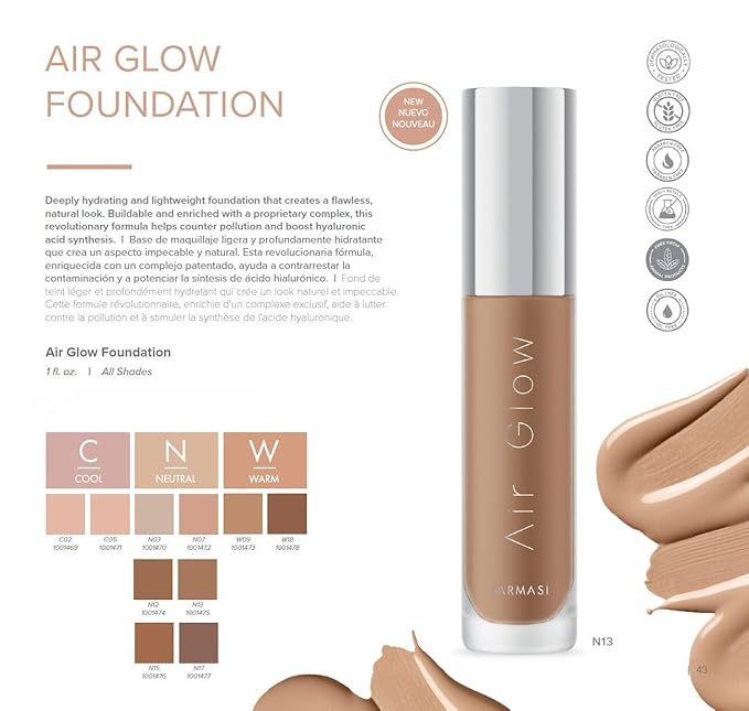Farmasi Air Glow Foundation, Deeply hydrating and Lightweight Skincare Effects, Sea-Water formula, Natural-looking Skin Hydrated Softer and Smooter, Buildable Hylauronic Coverage 1 Fl Oz / 30 ML - W09