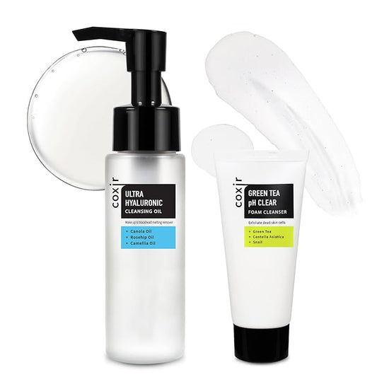 coxir ULTRA HYALURONIC CLEANSING OIL 1.69 fl.oz + GREENTEA PH CLEAR FOAM CLEANSER 1.01 fl.oz l for Double cleansing, Hydrating, Smoothing, Calming, Moisturizing, Hyaluronic Acid, Korean Skin Care