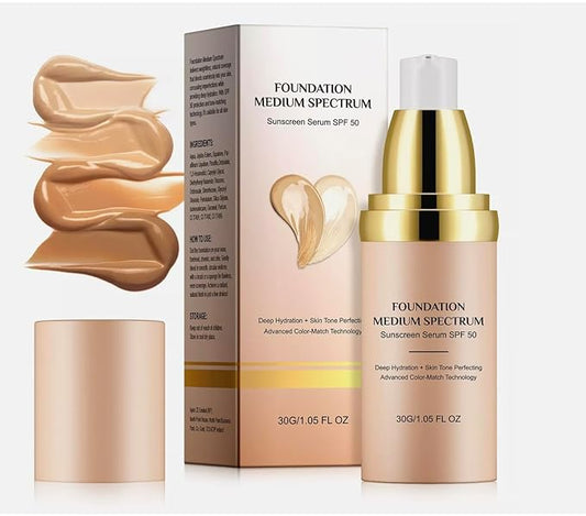 Foundation 4 in 1 - Medium Spectrum with SPF 50+, Anti-Aging, Concealer, Sun Protection, Hydrating Color Changing Foundation Makeup Liquid - Longwearing & Waterproof for Sport, Dancing (1PC, 30ml)