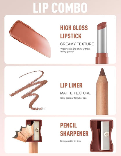 2 Pcs Lipstick and Lip Liner Set Hydrating Lip Tint Non-Sticky Lightweight Lip Balm Plumping Lip Kit for Women Matte Lip Pencil Long Lasting Gradient Glossy Lip Combo with Sharpener, 05