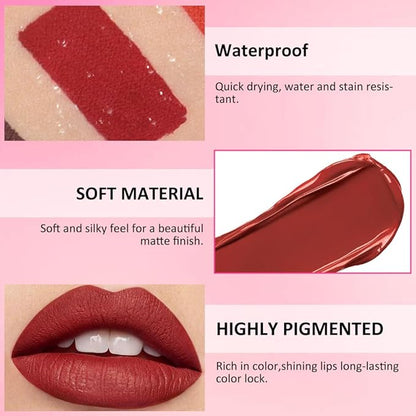 5Pcs Matte Velvet Liquid Lip Gloss Set, Liquid Lip Sticks + 1Pcs Lip Oil Set, Red Lipstick Collection, Rich Colors Long-Lasting Wear Not Fade Waterproof Lip Stain for All Skin Types (set4