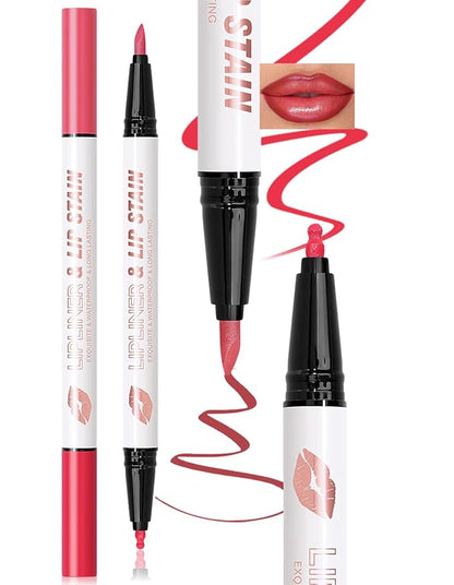 Double-headed Lip Liner Stain Long Lasting Waterproof 2 Colors Liquid Lip Liner Pencil Marker High Pigmented Smooth Application Precise Pen-Like & Chisel Tip Hydrating Lipstick for Women, 03