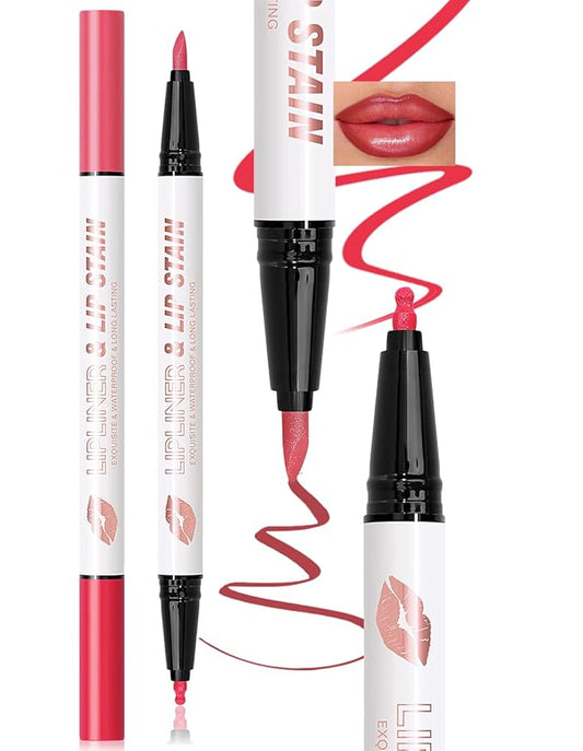 Double-headed Lip Liner Stain Long Lasting Waterproof 2 Colors Liquid Lip Liner Pencil Marker High Pigmented Smooth Application Precise Pen-Like & Chisel Tip Hydrating Lipstick for Women, 03