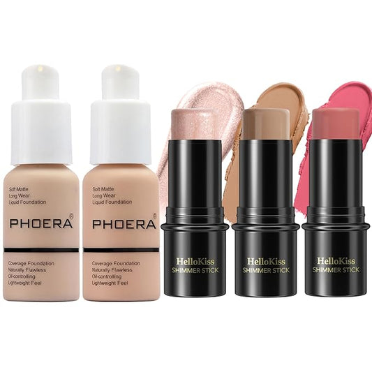PHOERA Foundation,3 PCS Contour Stick Makeup Kit,Shades with Highlighter Stick,Blush Stick and Bronzer Contour,PHOERA Makeup Matte Finish(102+103+ Fair-Light Contour/Nude + Warm peach+#03,#09,#12)