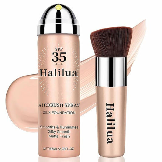 Sunscreen Airbrush Foundation Makeup Spray with Brush, SPF 35, Full Coverage Airbrush Foundation for Smooth Radiant Finish, Silky Concealer Mist Spray Makeup, Long-lasting & Waterproof (Natural)
