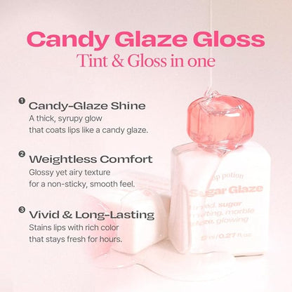 Lip Potion Sugar Glaze Tint | K-Beauty High-Shine & Long-Lasting Lip Tint | Hydrating, Non-Sticky Glossy Finish | 7 Shades | 0.3 Oz (No.9 Coco Ball)