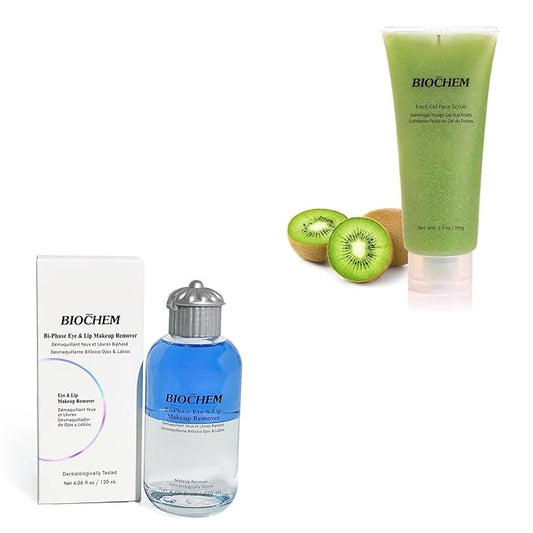BIOCHEM Deep Cleansing Set – Waterproof Eye & Lip Makeup Remover for Mascara and Heavy Makeup + Exfoliating Face Scrub with Fruit Enzymes, Facial Cleanser Kit for Pores and Blackheads