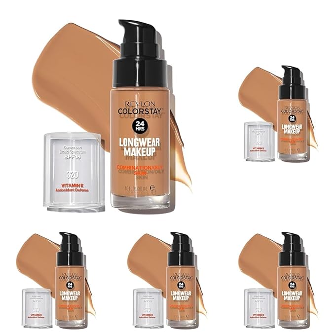 Revlon Liquid Foundation, ColorStay Face Makeup for Combination & Oily Skin, SPF 15, Longwear Medium-Full Coverage with Matte Finish, True Beige (320), 1.0 Oz (Pack of 5)