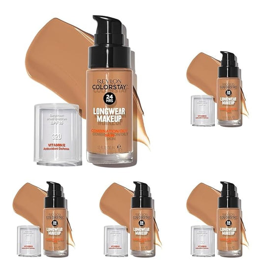Revlon Liquid Foundation, ColorStay Face Makeup for Combination & Oily Skin, SPF 15, Longwear Medium-Full Coverage with Matte Finish, True Beige (320), 1.0 Oz (Pack of 5)