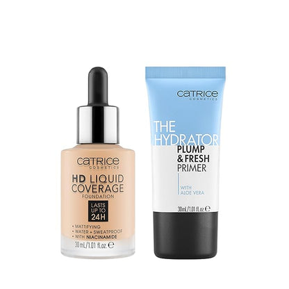 Catrice | HD Foundation 08 & The Hydrator Plump & Fresh Primer Bundle | Full Coverage Makeup | Vegan & Cruelty Free