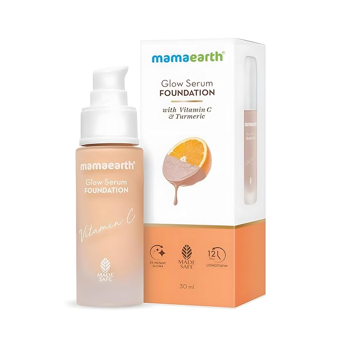 Mamaearth Glow Serum Foundation - 01 Ivory Glow Shade | with Vitamin C & Turmeric | Up to 12 Hour Buildable Coverage | Waterproof & Lightweight | 1.01 Fl Oz (30ml)