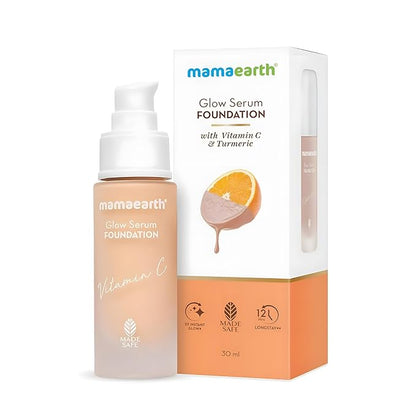 Mamaearth Glow Serum Foundation - 01 Ivory Glow Shade | with Vitamin C & Turmeric | Up to 12 Hour Buildable Coverage | Waterproof & Lightweight | 1.01 Fl Oz (30ml)