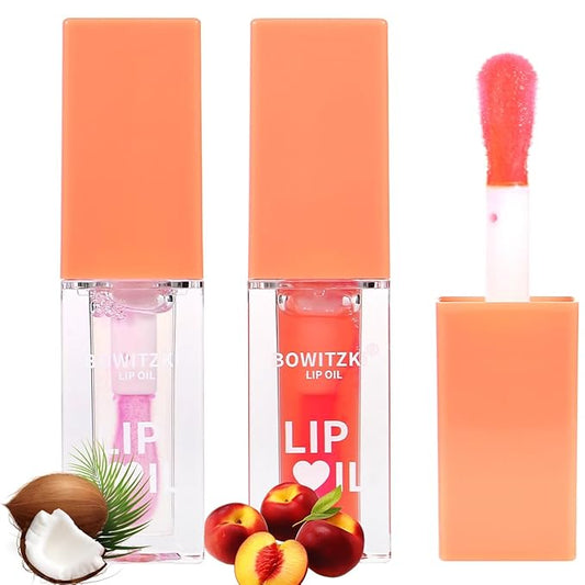 Bowitzki 2 Pcs Lip Oil Lip Glow Gloss Hydrating Transparent Tinted Nourishing Long Lasting Lip Balm Care Moisturizing Repairing Lightening Lip Lines Tocopherol Squalane (Coconut+Peach)