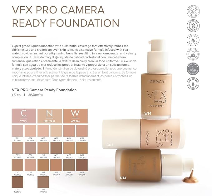 FARMASi Vfx Pro Foundation, Full Coverage Liquid Cream, Lightweight Long Lasting Coverage, Breathable Skin Moisturizer with Color True Matte Blending, Face Makeup, 1 fl. oz / 30 ml - NATURAL BEIGE N12