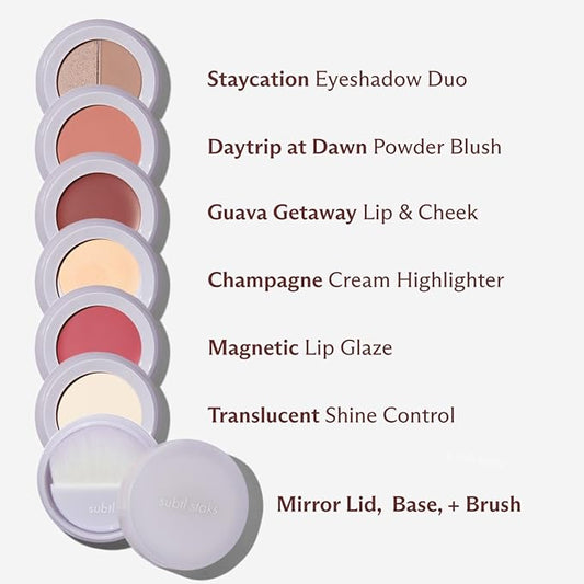 6-in-1 Stackable Travel Makeup Kit by Subtl Beauty | New Lip Glaze, Eyeshadow, Highlighter, Lip + Cheek, Blush, Shine Control | Includes Mirror & Brush | Compact Makeup for On the Go