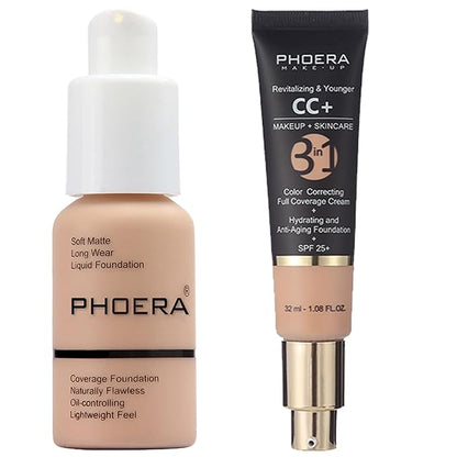 PHOERA Foundation Full Coverage,PHOERA CC Cream Color Correcting Anti Aging Hydrating Serum &SPF 25+,PHOERA Makeup Wrinkles Matte Natural Finish for a Flawless Complexion(103+120/Warm peach+Nude)