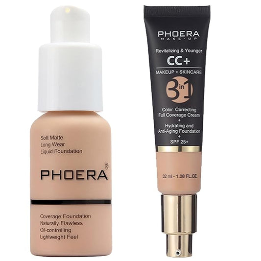 PHOERA Foundation Full Coverage,PHOERA CC Cream Color Correcting Anti Aging Hydrating Serum &SPF 25+,PHOERA Makeup Wrinkles Matte Natural Finish for a Flawless Complexion(103+120/Warm peach+Nude)