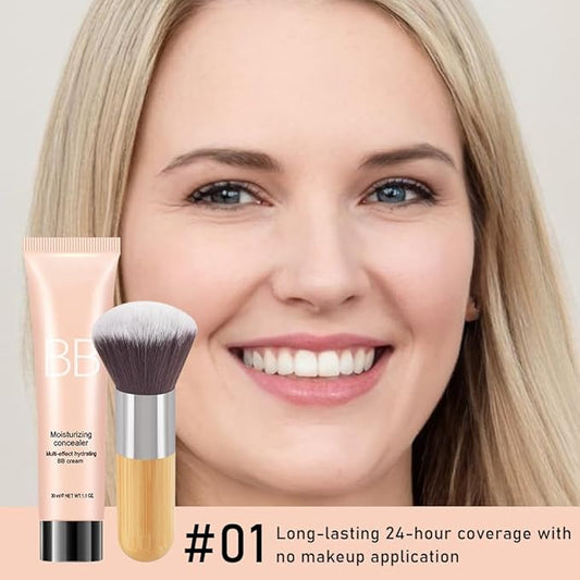 Hydrating BB Cream,Full Coverage Lightweight Matte Foundation & Concealer with Brush,Evens Skin Tone,Oil Control Cover Flaws,Natural Finish for All Skin Types,Vegan & Cruelty Free - Ivory White
